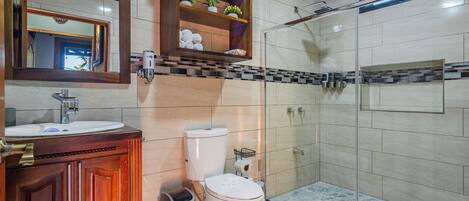 Une salle de bain avec un meuble-lavabo en bois, des toilettes, une douche en verre et un miroir avec une étagère au-dessus.