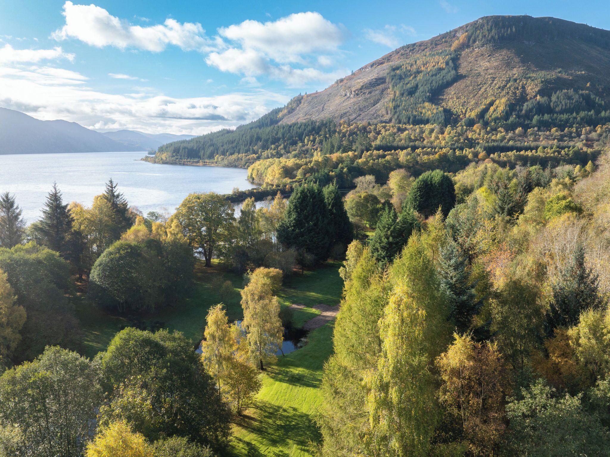 Une vue panoramique d’un paysage montagneux, avec un lac, une forêt dense et un ciel dégagé.