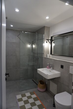 A modern bathroom with a glass shower enclosure, a white sink, and a large mirror. - Apartment 'Muggelbude' with Mountain View, Shared Garden and Wi-Fi (Braunlage)