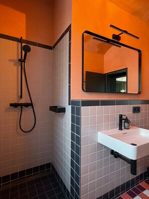 Shower, hair dryer, towels