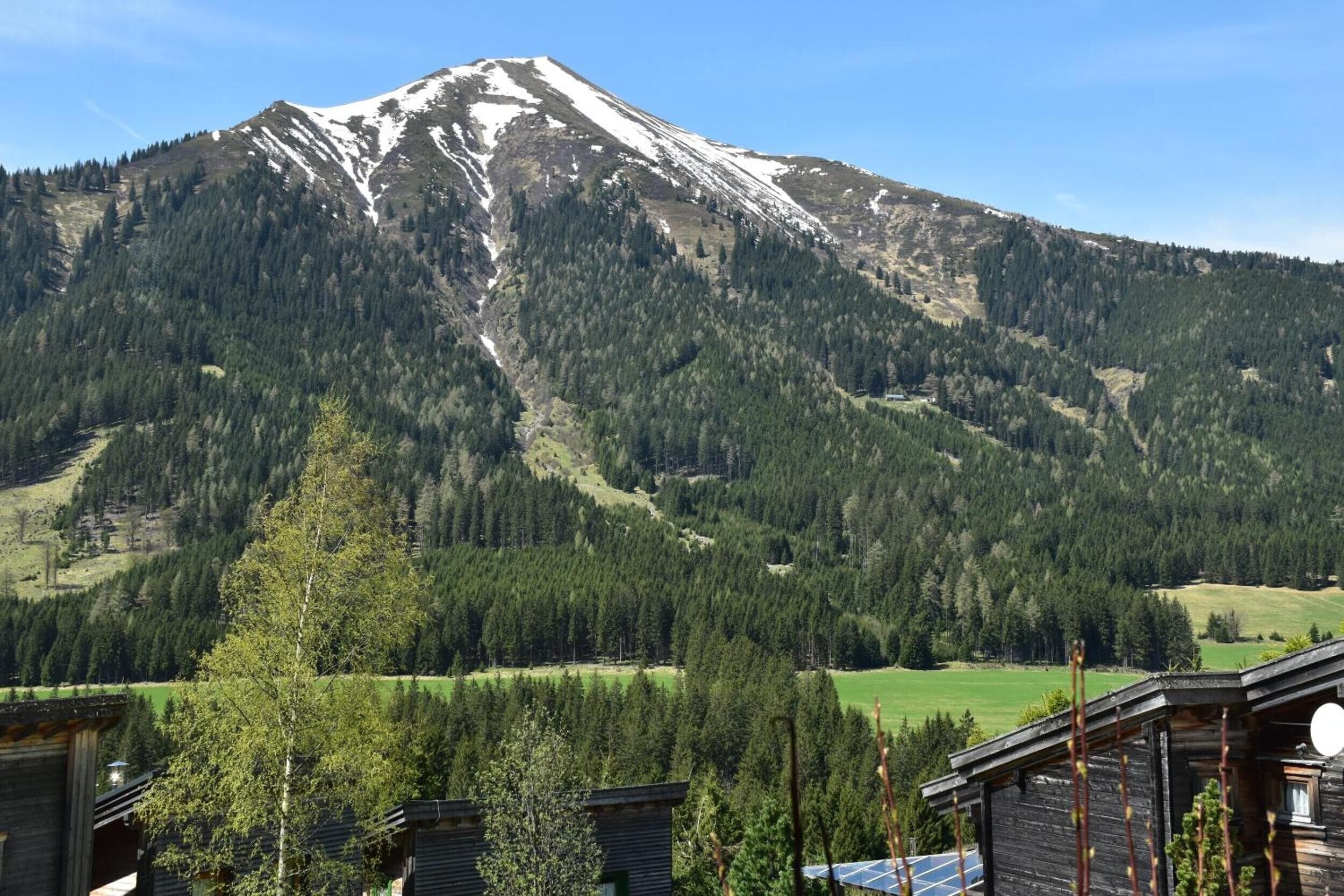 Une montagne dont le sommet est enneigé, entourée d’une forêt dense, et des chalets en bois équipés de panneaux solaires.