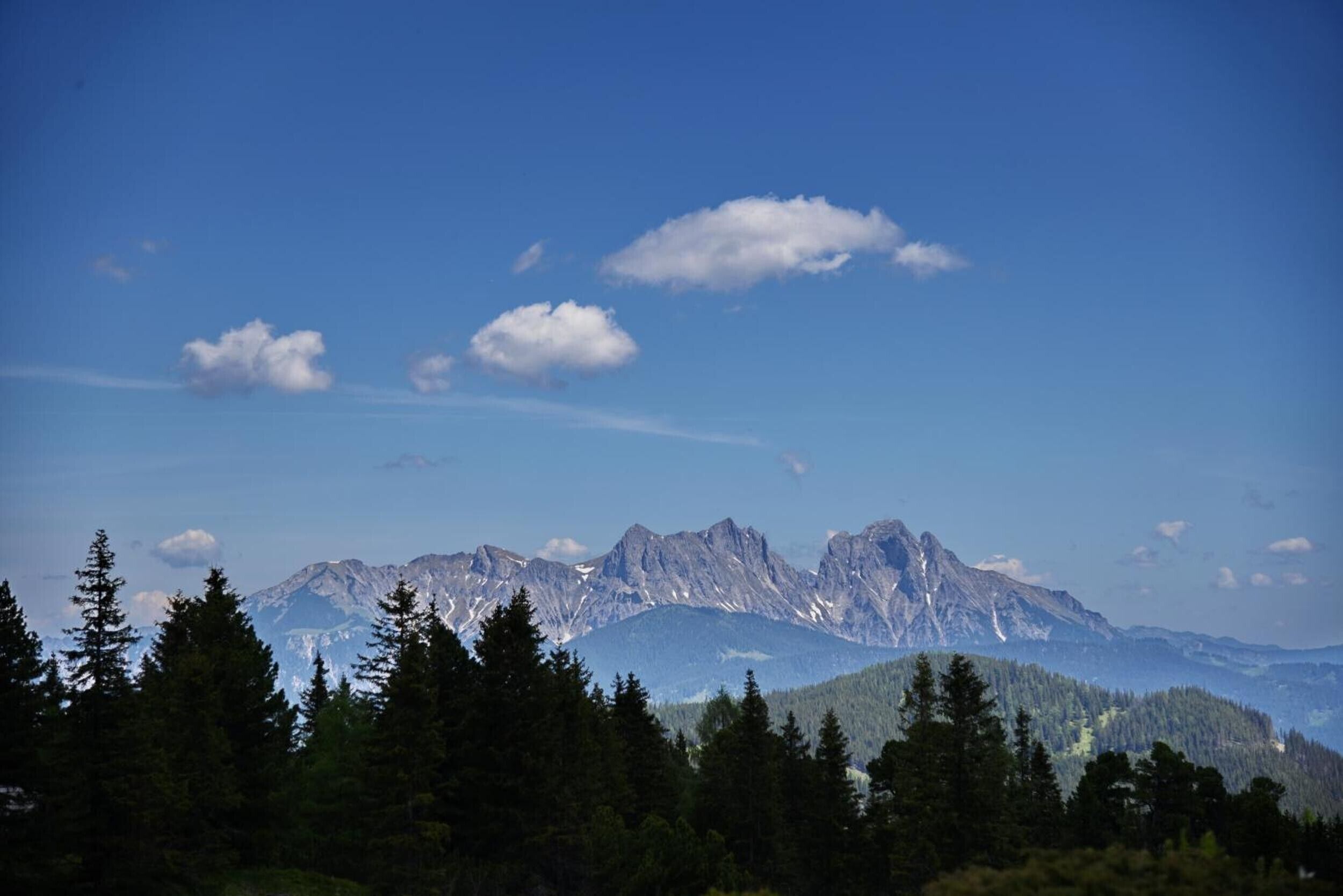 Un paysage de montagne avec un ciel dégagé et une forêt dense au premier plan.