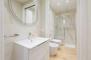 Shower, hair dryer, bidet, towels