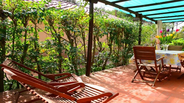 Une terrasse dotée de mobilier en bois, d’une table et d’une pergola recouverte d’une toile bleue.