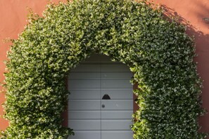 Un arc d'entrada amb una porta blanca, envoltat de vegetació verda i abundant.