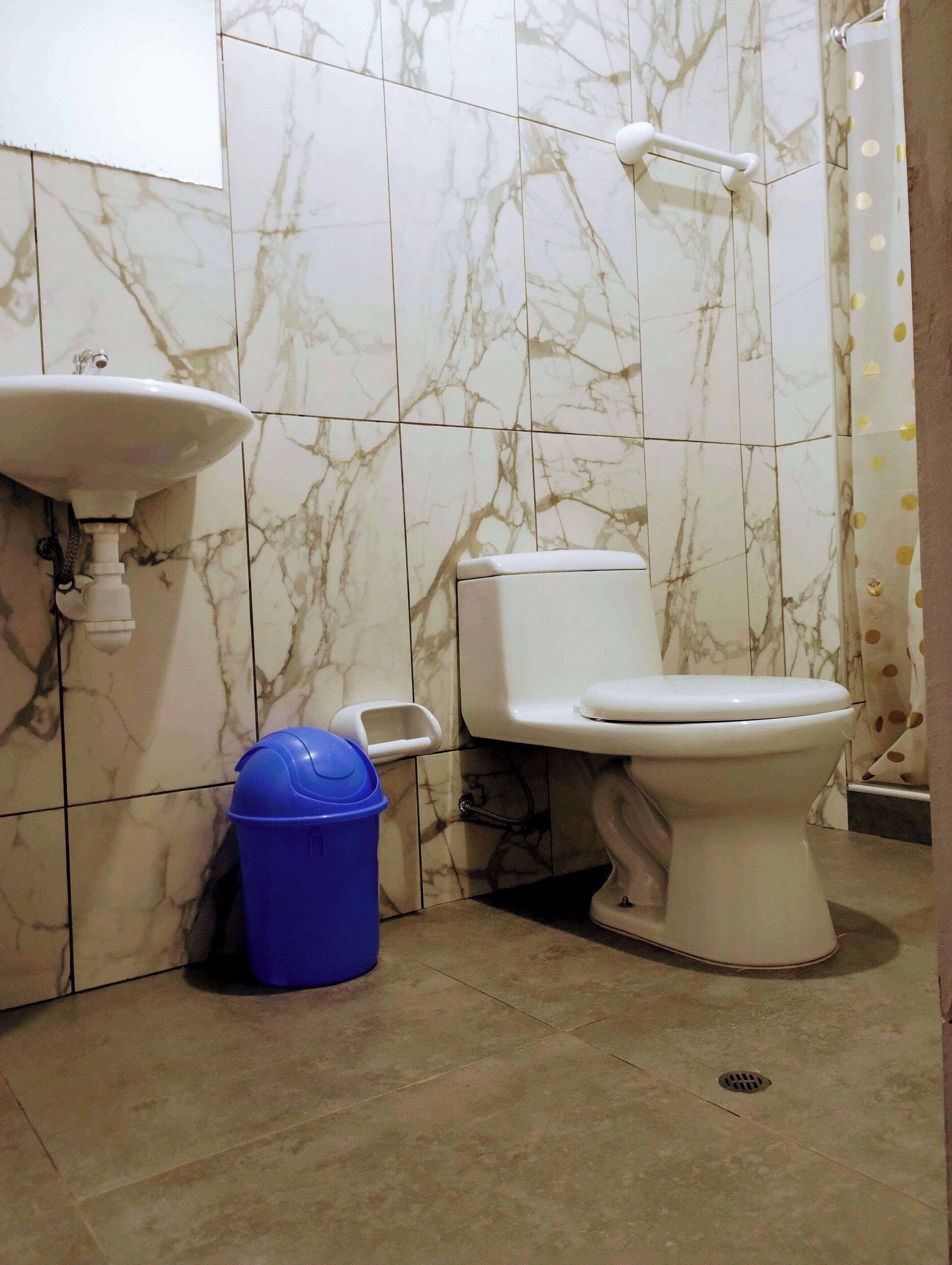 Shower, towels, soap, toilet paper