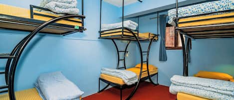 A dormitory room with bunk beds, a red carpet, and blue walls.