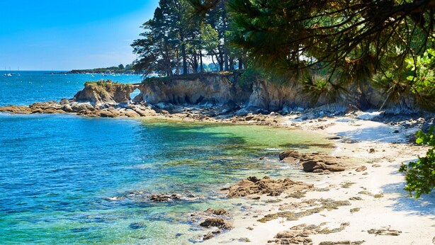 Ein Strand mit klarem türkisblauem Wasser, felsigem Ufer und Bäumen.