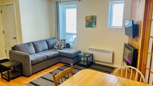 Una sala de estar con un sofá gris, una mesa de comedor de madera, un televisor y un radiador.