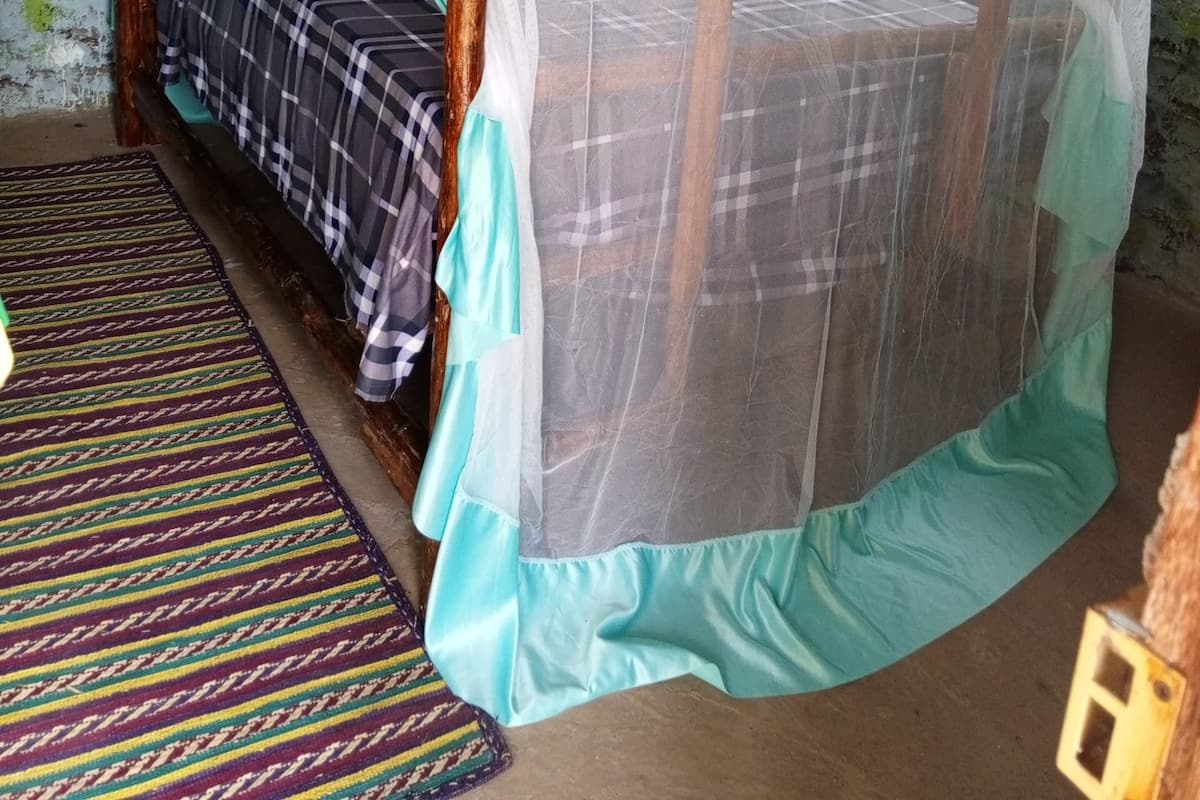 A room with a bed under a mosquito net, a wooden headboard, a patterned rug, and a rustic thatched roof.