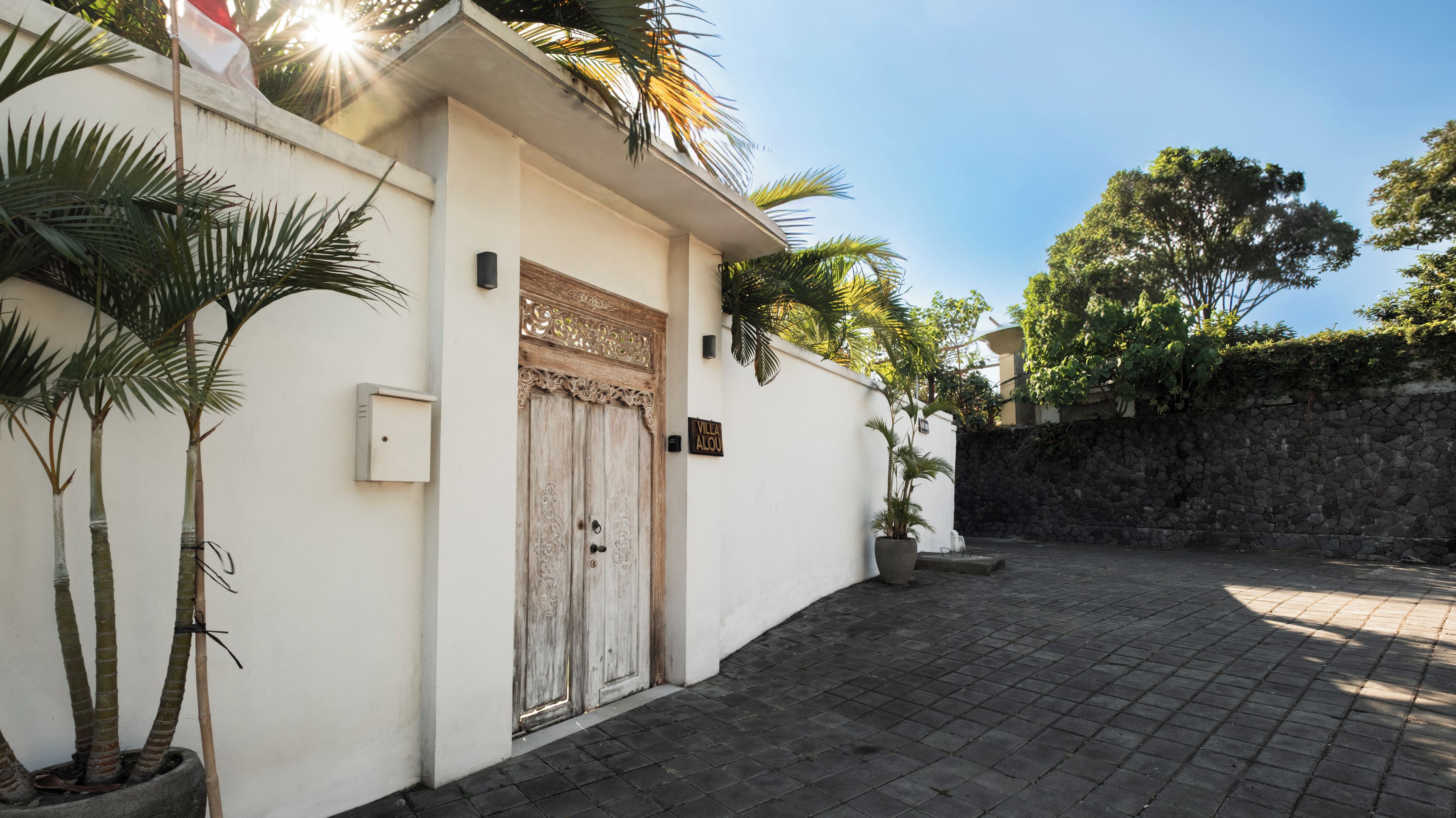 A paved courtyard with a white wall, a wooden door, and potted plants.