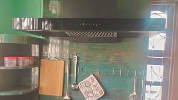 Fridge, microwave, cookware/dishes/utensils