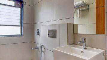 Habitación ejecutiva doble | Baño | Ducha, toallas, jabón y champú