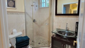 A bathroom with a glass-enclosed shower, a toilet, a sink, and a mirror.