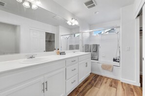 Hair dryer, towels, soap, toilet paper