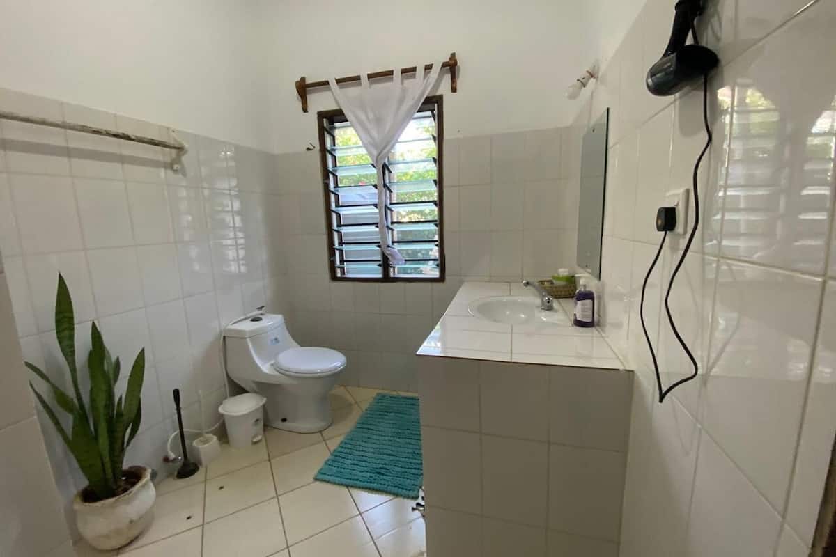 A bathroom with white tiles, a toilet, a sink, a window with bars, a potted plant, and a blue rug.