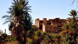 A traditional stone building with multiple levels and a flat roof, surrounded by palm trees. - DAR INFIANE Tata  (Tigzmerte)