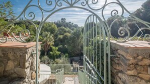 Una reixa de ferro forjat amb vista a un jardí exuberant i arbres al fons.