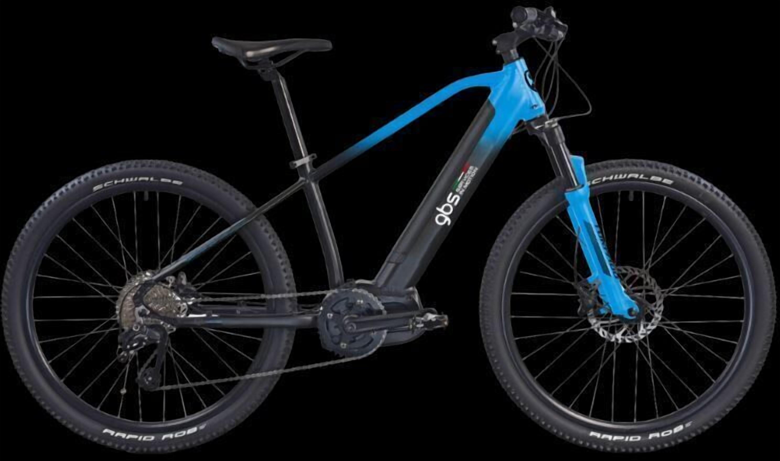Una bicicleta de montaña con un cuadro negro y azul, etiquetada 'gbs', y equipada con neumáticos 'Rapid Ride'.