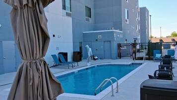 Outdoor pool, pool umbrellas, pool loungers