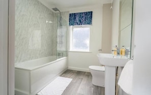 Hair dryer, towels, toilet paper