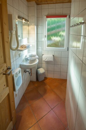 Shower, hair dryer, towels