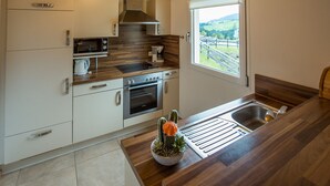 Een moderne keuken met witte kastjes, roestvrijstalen apparatuur en een houten aanrecht. Er is een raam met uitzicht op een groen landschap en een cactusplant op het aanrecht.