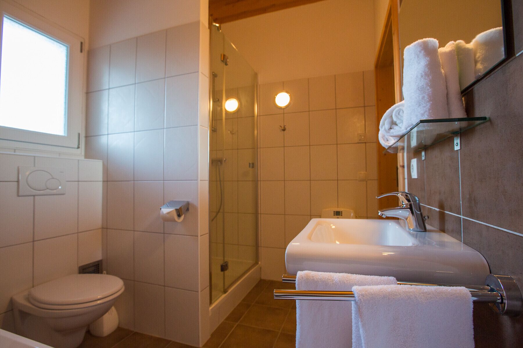 A bathroom with a toilet, a shower, and a sink with towels.