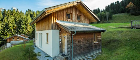 A wooden chalet with a sloped roof, a white section on the left, and a gravel driveway.