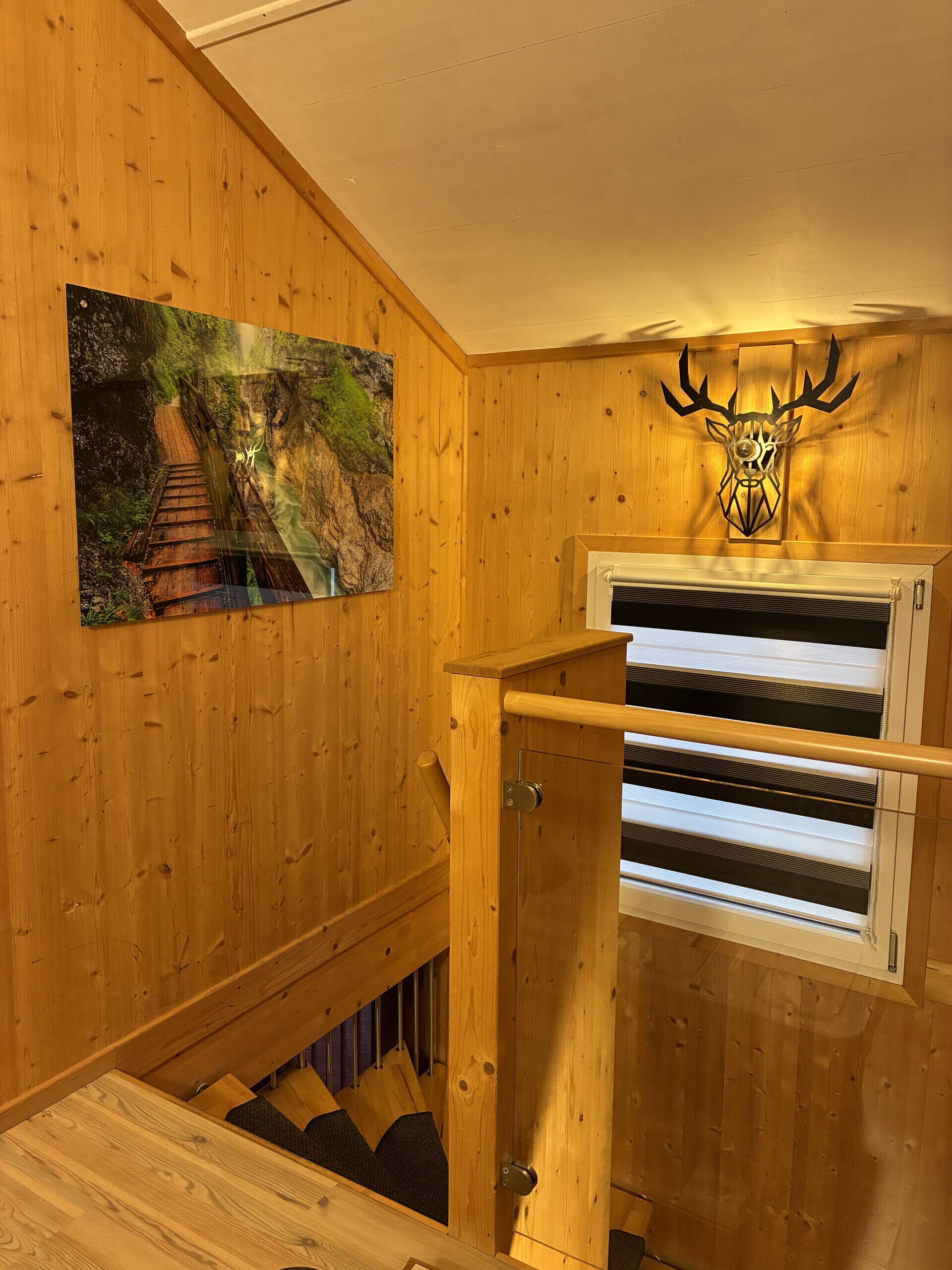 A wooden interior with a mounted deer head, a painting of a forest path, and a sliding door with a window.