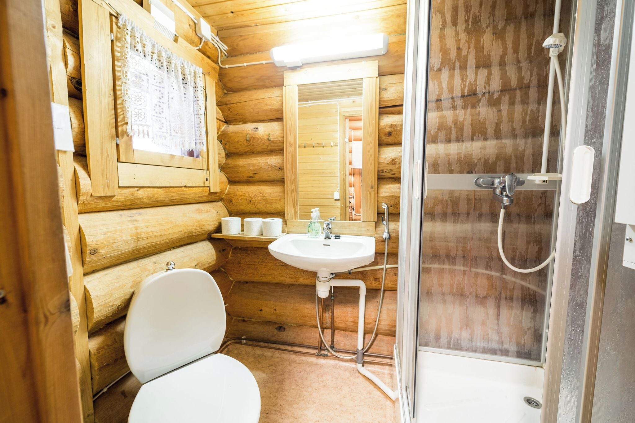 Une salle de bain rustique, aménagée dans une cabane en bois, avec des toilettes, un lavabo et une douche.