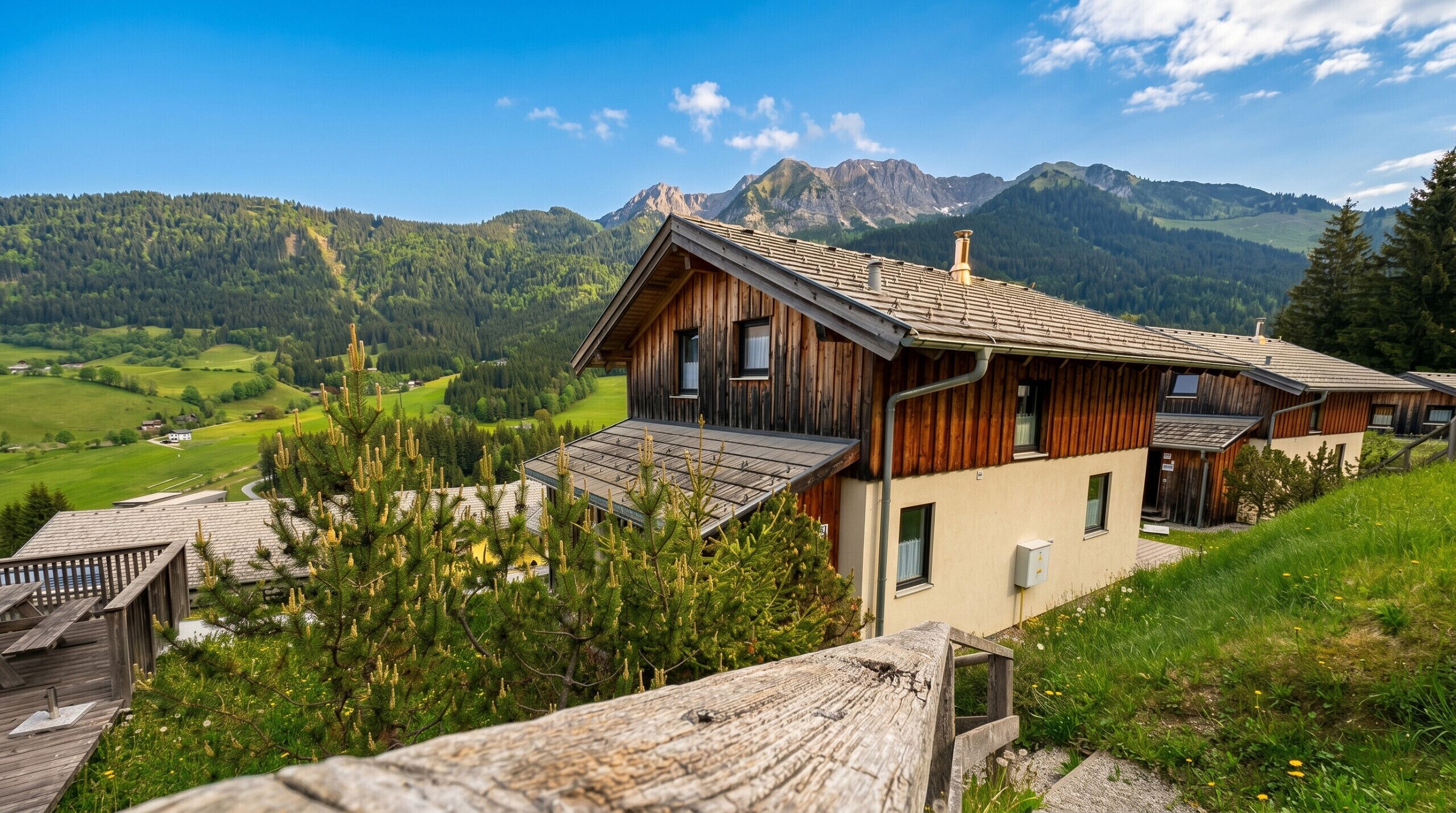 Een houten chalet met schuin dak, omgeven door weelderige begroeiing en bergen op de achtergrond.