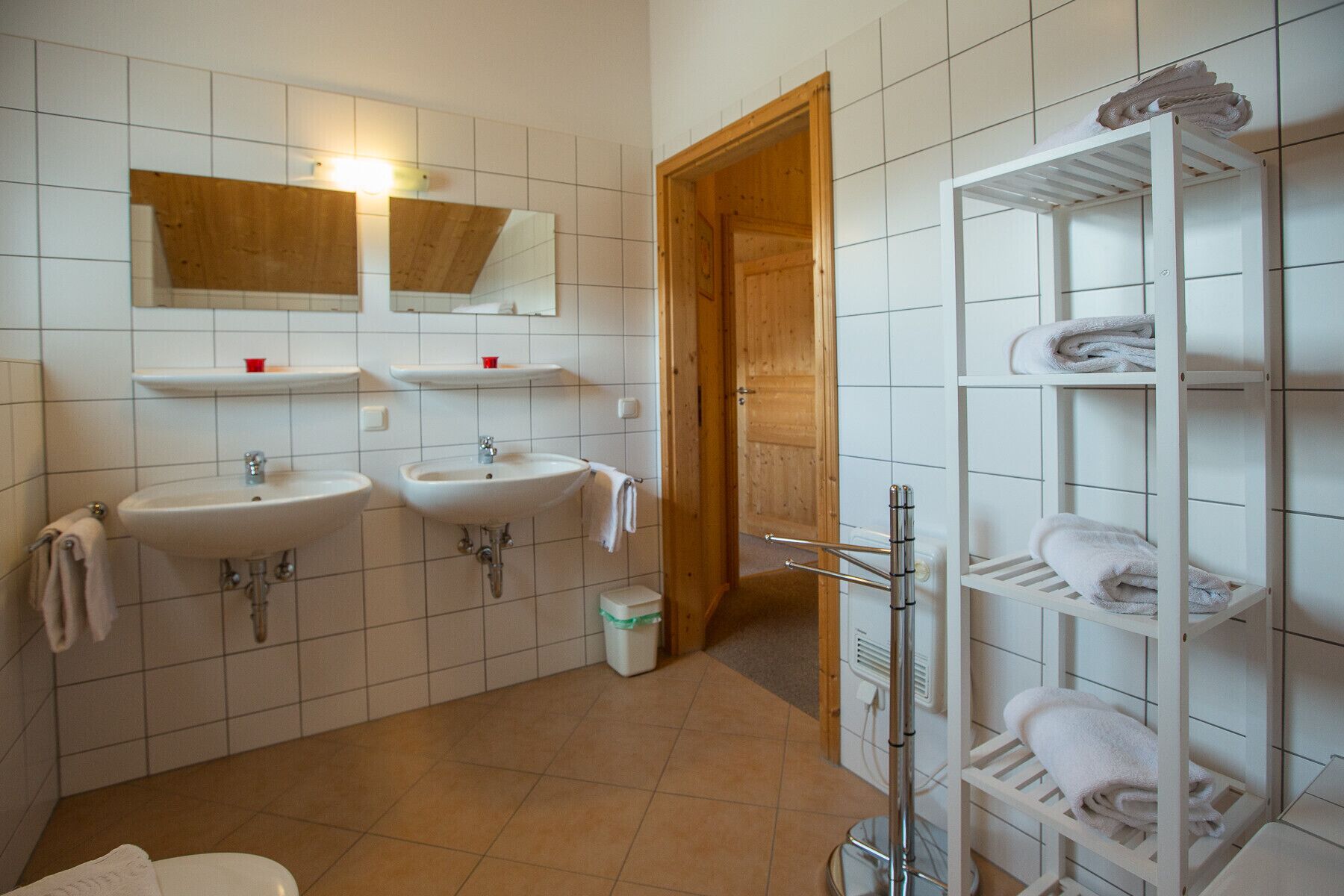 A bathroom with two sinks, a mirror, a towel rack, and a shelf with towels.