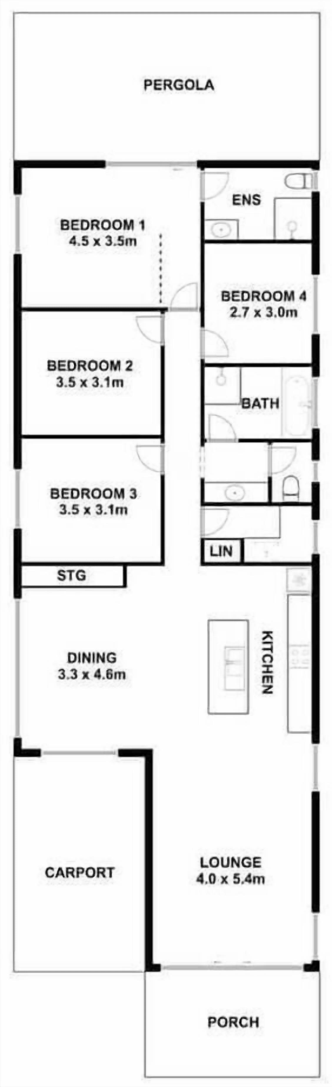 Un plan d’étage d’un hôtel comprenant quatre chambres, un coin repas, une cuisine, un salon, un abri pour voiture et une véranda.
