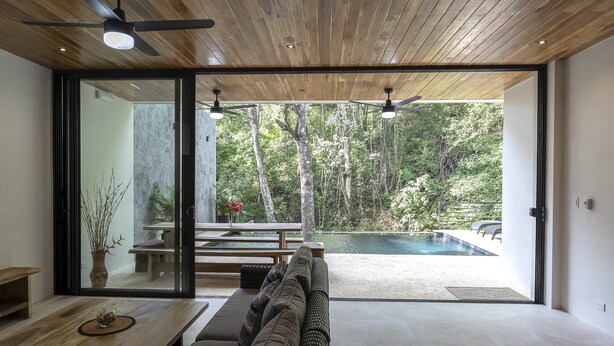 Un salon moderne avec un plafond en bois, de grandes portes-fenêtres coulissantes donnant sur une piscine extérieure, un canapé, une table basse et un ventilateur de plafond.