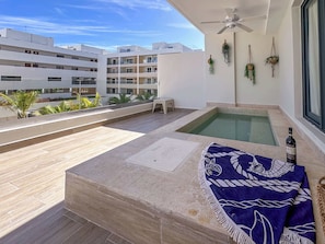 A rooftop terrace with a pool, a ceiling fan, and a bottle of wine.