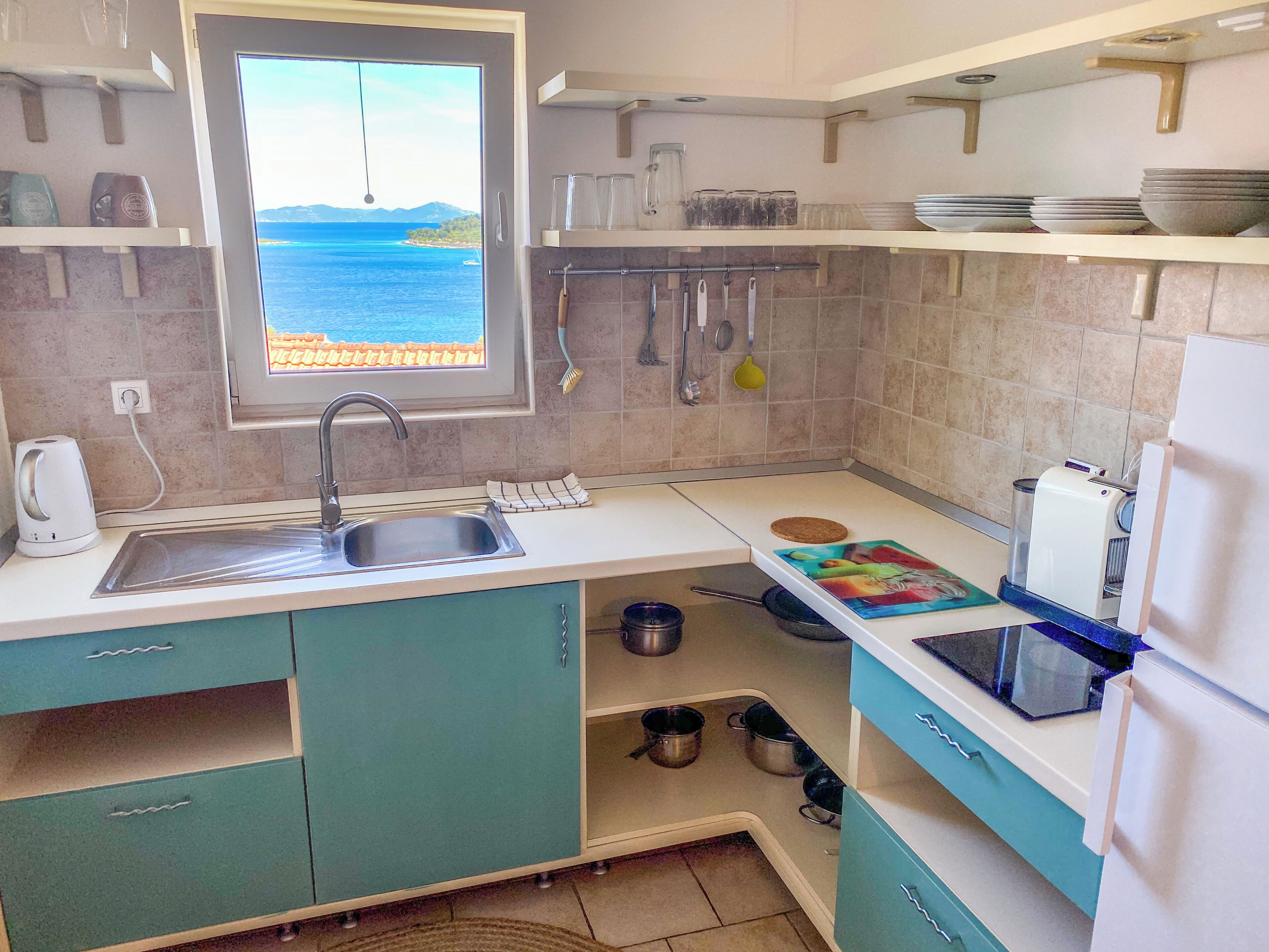 Een koelkast met diepvriezer, een kookplaat, een waterkoker