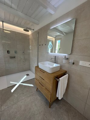Regadera, secadora de cabello, bidet, toallas