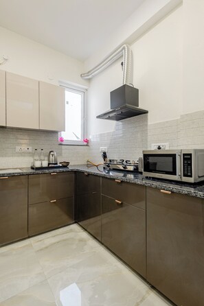 Appartement luxueux, balcon, vue sur la ville | Cuisine privée | Réfrigérateur, four à micro-ondes, surface de cuisson