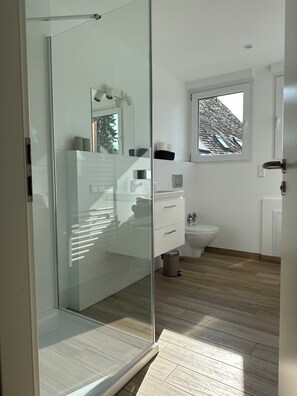 Dusche, Haartrockner, Handtücher, Seife