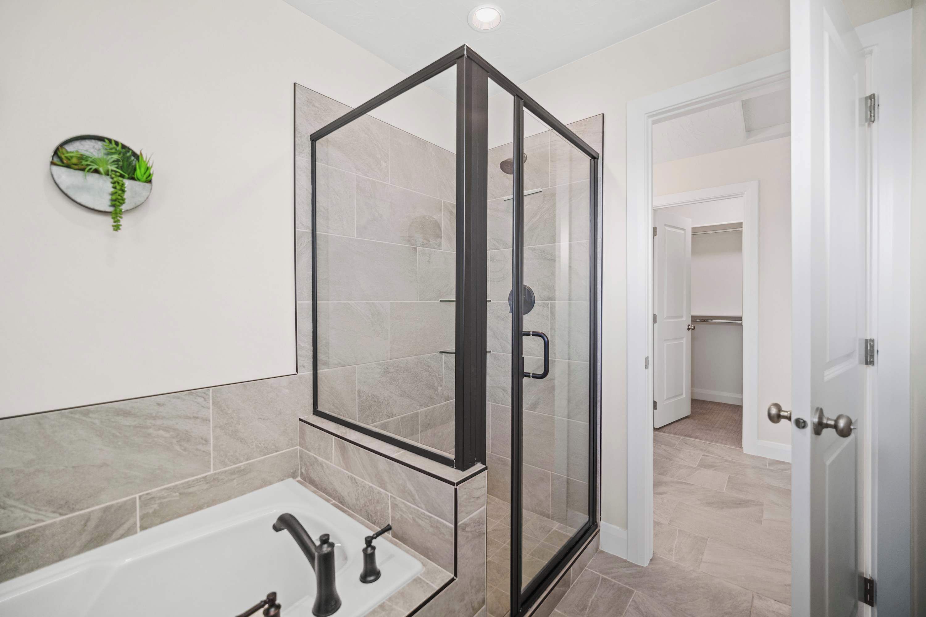 Een moderne badkamer met een douche met glazen wand, een witte badkuip en een aan de muur bevestigde plant.