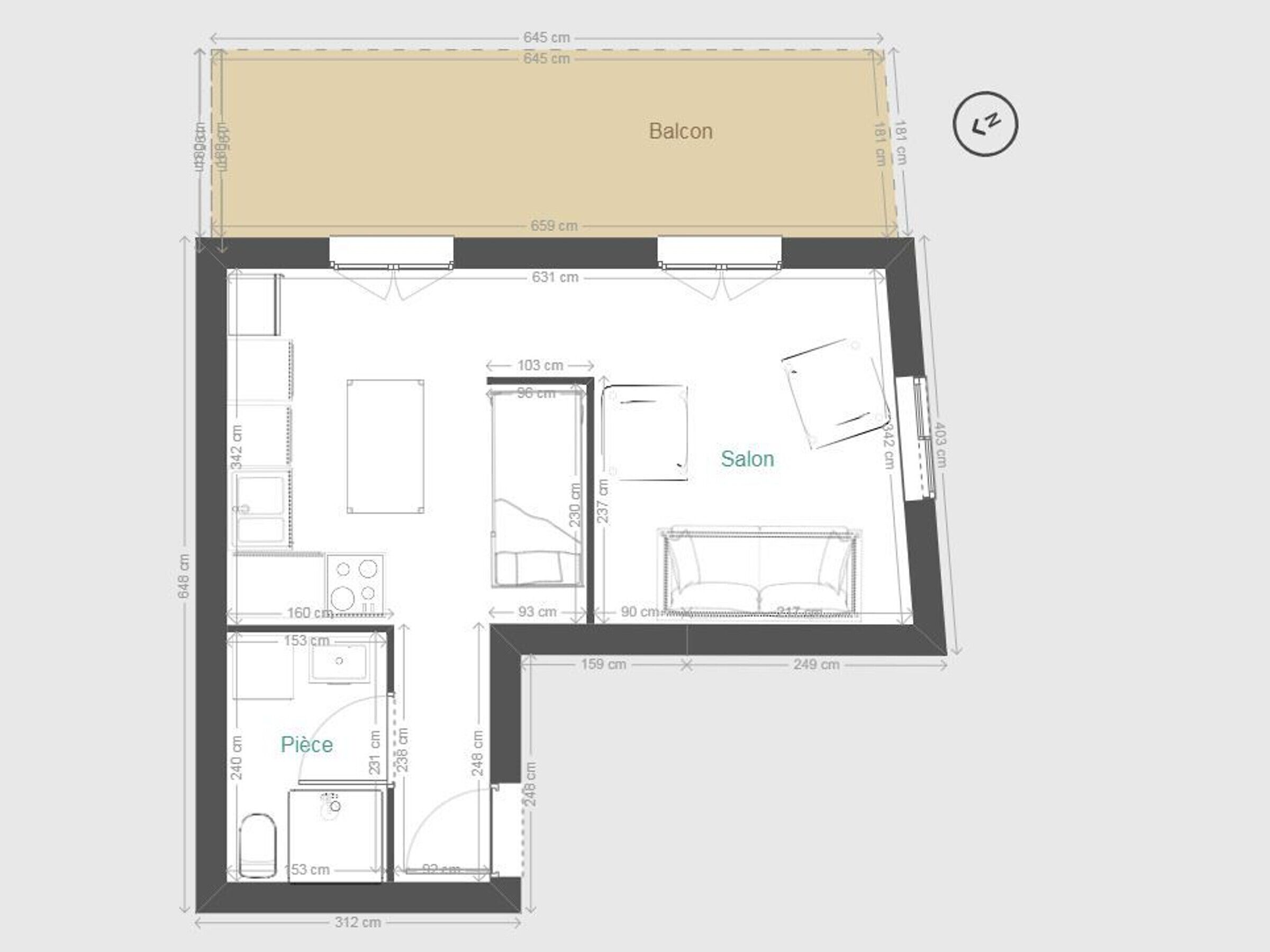 A floor plan of a hotel room with a balcony, a salon, and a kitchen area.