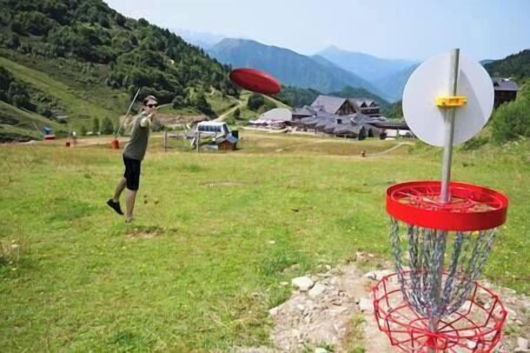 Eine Person spielt Disc Golf auf einer Wiese, im Hintergrund Häuser und Berge.