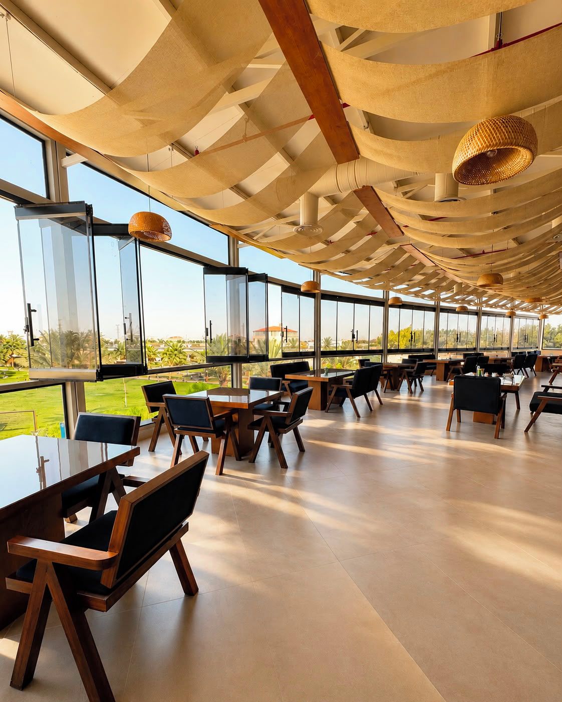 A spacious indoor area with tables and chairs, large windows offering a view of the outdoors, and a ceiling with a unique woven design.