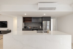 Fridge, microwave, oven, stovetop - Newly Renovated 3BR Apartment 2 Parking Spaces Pool, Gym, City Views  Walk to Shops (Fortitude Valley)