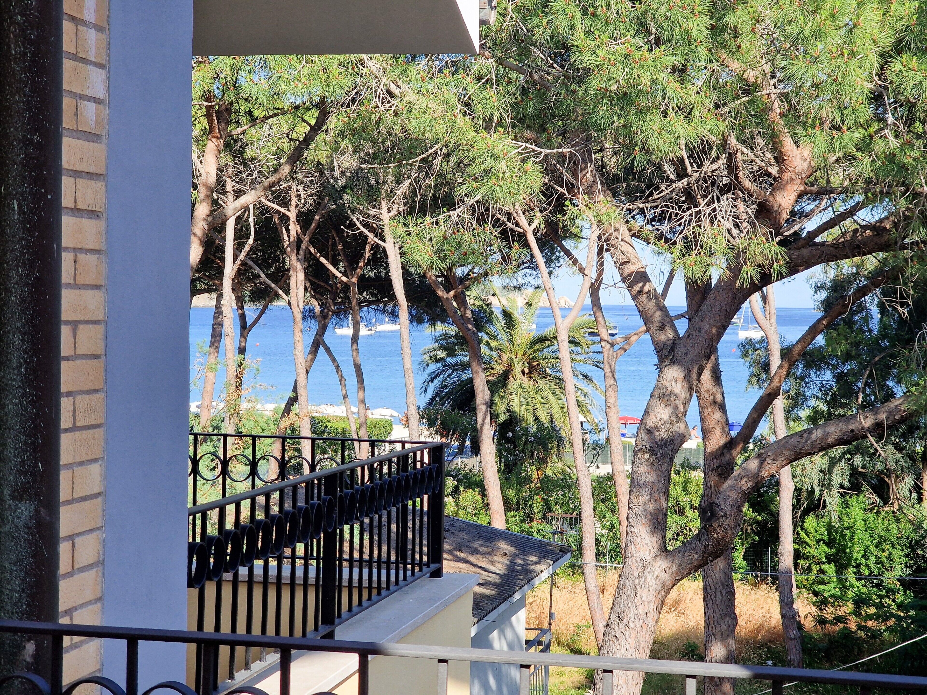 Un balcone con vista sul mare e sugli alberi.