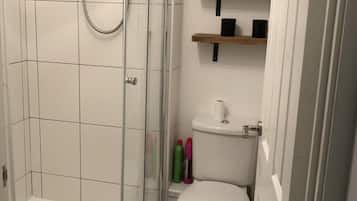 Regadera, secadora de cabello, toallas, papel de baño