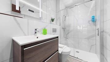 Shower, hair dryer, shampoo