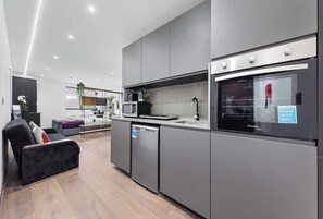 Fridge, microwave, oven, electric kettle