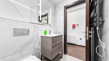 Shower, hair dryer, shampoo